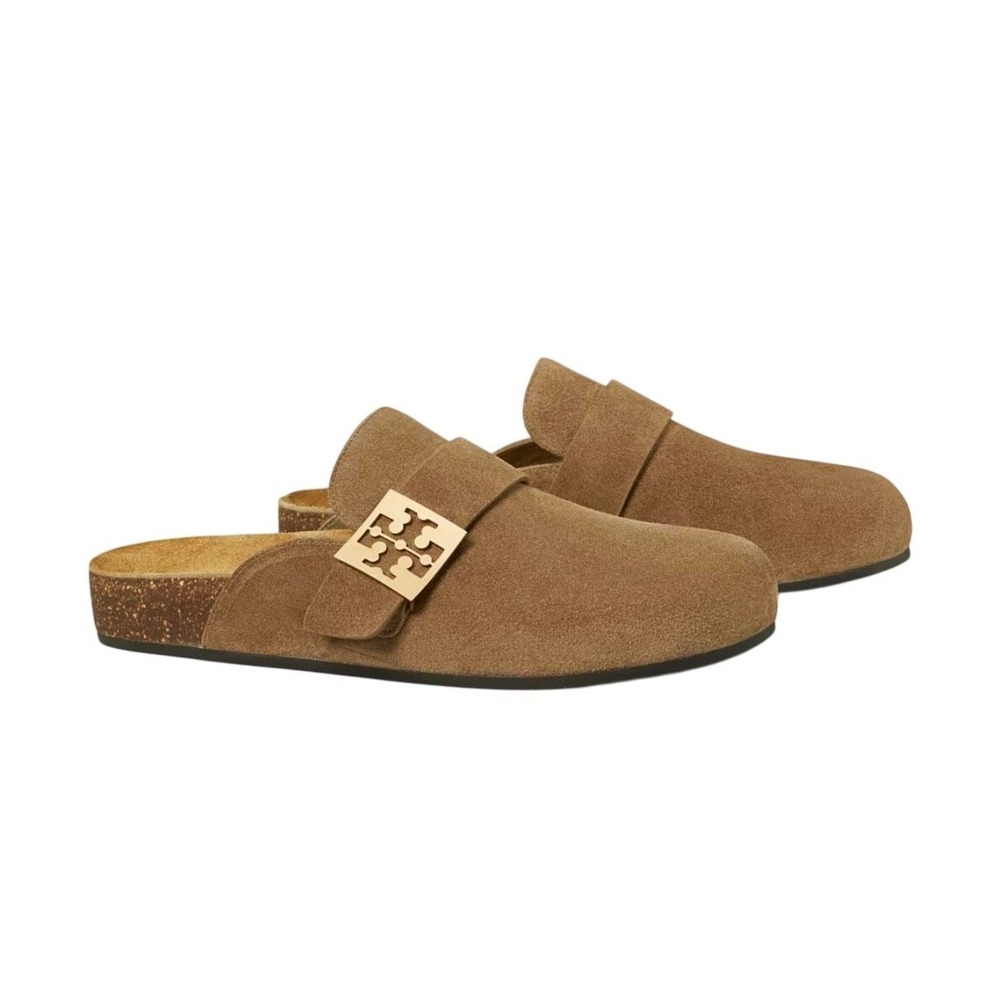 Tory Burch Mellow Mule Suede Gold Logo Buckle Taupe Gray 10